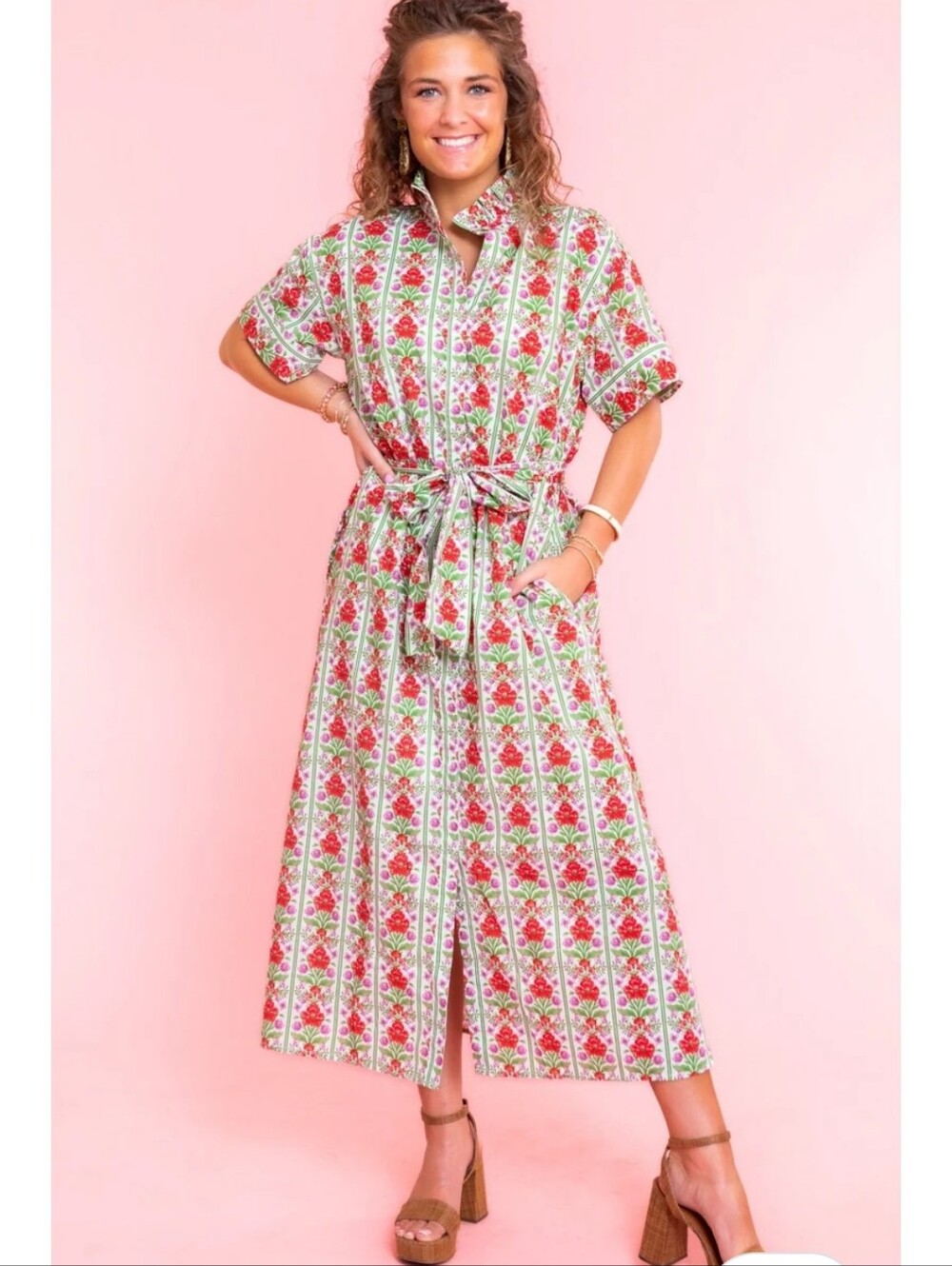 Mod’s Mahal Women’s Midi Shirt Dress English Garden Size XS Pink Green Floral